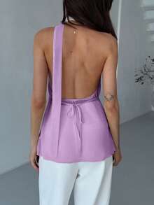 Aloruh Top sin mangas de unicolor, casual y sexy con espalda descubierta para mujer - Morado Violeta - Ver 2