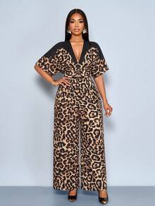 SOLERSUN Women's Wear, Casual Everyday, Elegant Commuter, Black/Brown With Black Gradient Leopard Print, Deep V-Neck, Gathered Shoulders, Short Sleeves, High Waist, Batwing Sleeve Ruched Waist Pleated Wide Leg Jumpsuit - Brown - View 6