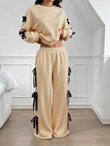 SHEIN EZwear 女士休闲宽松杏色蝴蝶结装饰两件套，冬季两件套 - 杏色 - 查看 4