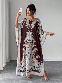 Elenzga Vestido de manga de murciélago de talla grande con cuello redondo y estampado, con ajuste holgado, adecuado para vacaciones y reuniones - Burdeos - Ver 5