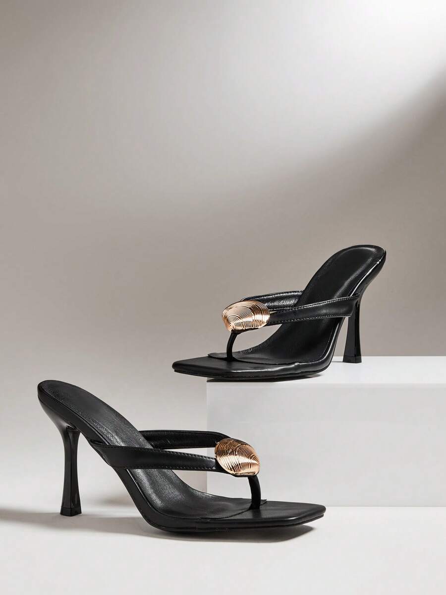 SHUZIA Giày sandal đế xuồng thoải mái, tối giản, có trang trí kim loại dành cho nữ - màu đen - Xem 1