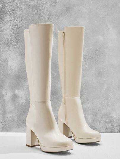 SHUZIA Women's Glamorous Comfortable Square Toe Oil PU Platform Knee-High Boots With Inner Zipper