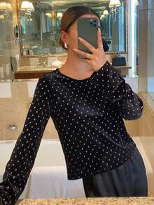 Livesso Élégant T-shirt rond noir à paillettes pour femmes, convient pour les banquets à manches longues