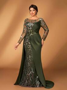 Serin Váy cưới cho mẹ cô dâu dáng dài cổ chữ V màu xanh lá cây sang trọng, thanh lịch, tay dài, chất liệu satin, chắp vá, xếp nếp, trang trí bên hông, dáng xòe bồng bềnh - màu xanh lá - Xem 6