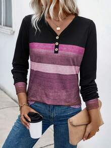 EMERY ROSE 女士V领长袖条纹印花休闲T恤，随机印花图案图案T恤，春季女式上衣 - 彩色 - 查看 4