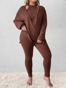 SHEIN LUNE Knitted Brushed Ribbed Long Sleeve T-Shirt, Halter Neck Tank Top And Pants Set, Plus Size - Brown - View 1