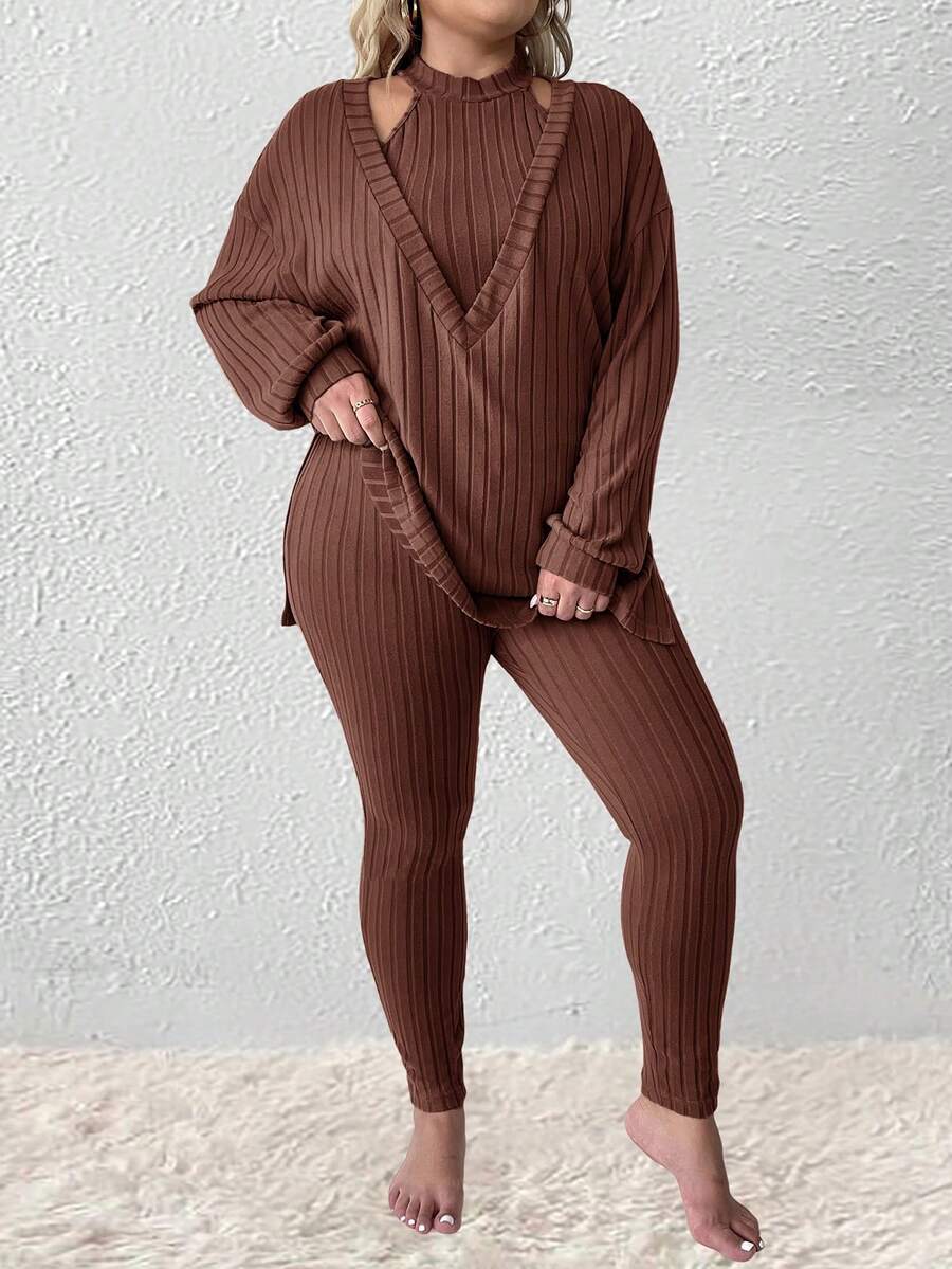 SHEIN LUNE Knitted Brushed Ribbed Long Sleeve T-Shirt, Halter Neck Tank Top And Pants Set, Plus Size - Brown - View 1