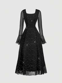 SHEIN MOD Váy dài lấp lánh màu đen cổ điển, cổ vuông, tay áo xếp nếp, tay dài, phong cách phương Tây và Bohemian, phong cách cổ điển thập niên 70, Y2K, trang phục dự tiệc, hoàng gia, lễ hội, sinh nhật và dạ hội - màu đen - Xem 2