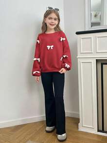 SHEIN 少女超大蝴蝶结装饰卫衣和修身喇叭裤套装 - 紅色 - 查看 4