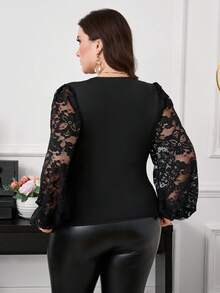 Reflora Plus Size Women Lace V-Neck Long Sleeve Top, Versatile Casual Top For Autumn/Winter Office Attire For Women - Black - View 3
