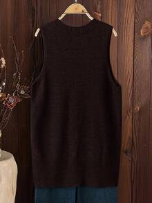 SHEIN LUNE 大码女式米色V领侧开衩高低摆宽松针织休闲舒适毛衣背心，秋冬款 - 咖啡棕 - 查看 2