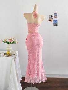 Soleia New Vacation Western Beach Wedding Guest Attire, Graduation Brunch, St. Patrick's Day, Spring Break, Easter, Music Festival, Elegant Bohemian Tropical Strapless Sleeveless Mesh Crop Top And Pleated Skirt 2-Piece Set - Pink - View 2