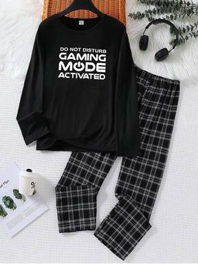 Boys Big Kids Loungewear 2-Piece Set - Black Gaming Mode Letter Print Pajamas Cool Gaming Theme English Slogan Design Black Plaid Contrast Match Comfortable Knit Fabric Long Sleeve Top Plaid Pants Combo Social Media Style E-Sports Gaming Spring Summer Autumn Holiday Essential Boys Big Kids Home Set