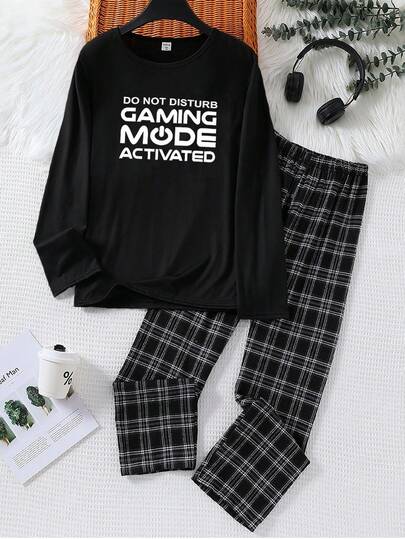 Boys Big Kids Loungewear 2-Piece Set - Black Gaming Mode Letter Print Pajamas Cool Gaming Theme English Slogan Design Black Plaid Contrast Match Comfortable Knit Fabric Long Sleeve Top Plaid Pants Combo Social Media Style E-Sports Gaming Spring Summer Autumn Holiday Essential Boys Big Kids Home Set
