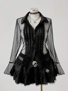 Sunspun Party Fall Autumn And Winter Plus Size Vintage Dark Style Lace Trim Blouse - Black - View 4