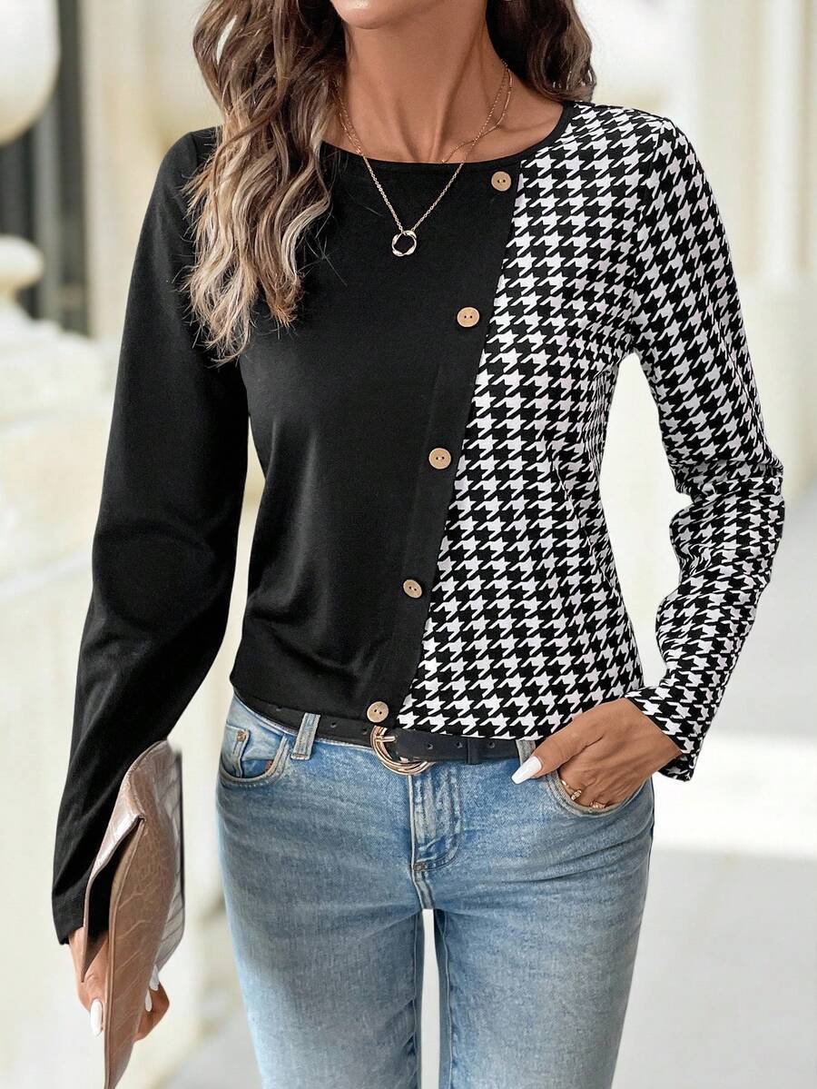 SHEIN Clasi Áo thun nữ cổ tròn tay dài họa tiết Houndstooth chắp vá mùa xuân/hè trang trí nút thường ngày đông thu quần áo nữ lễ tạ ơn halloween quần áo đi làm về quê cho nữ áo phông đêm hẹn hò - Đen và trắng - Xem 1