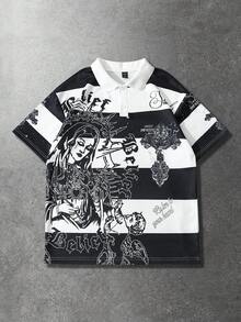 ROMWE MEN Men's Polo Shirt, Casual Spring/Summer Street Style American Short Sleeve Polo Shirt - Black and White - View 1