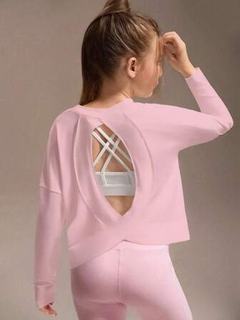 SHEIN 少女长袖T恤，白色镂空时尚后背设计。1件装，舒适休闲针织长袖上衣，适合室内外休闲和运动。