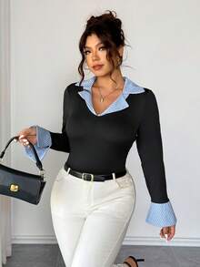 Elenzga Damen elegantes Kontrast-Streifenoberteil mit Kragen und Gummizug - Schwarz - Übersicht 5