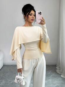 SHEIN Elenzya New Design Women's Shawl Collar Long Sleeve Elastic Knit Top, Elegant Everyday Versatile Fitted Slim Fit T-Shirt - Apricot - View 7