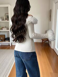 Rafferiza Women's Fashionable New Faux Shearling Fur Trim Off-Shoulder Fitted Knit Sweater, Suitable For Daily Wear, Weddings, Galas, Commuting, Graduation Parties, Holidays, Dates, Parties, Halloween, Christmas, New Year, Thanksgiving - Apricot - View 2