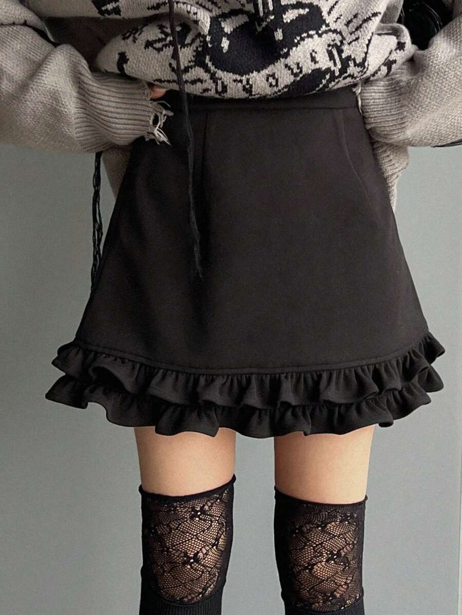 FRIFUL 女士纯黑色短款褶裥双层荷叶边修身迷你裙，秋冬款 - 黑色 - 查看 1