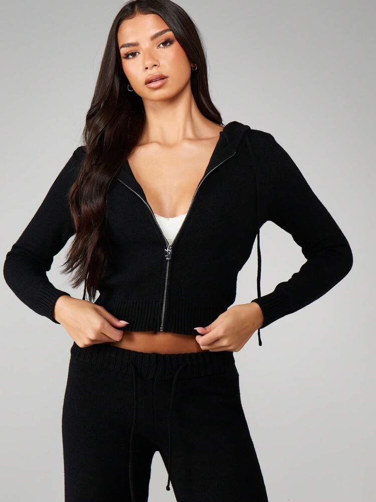 Missguided x Playboy Fitted Hooded Zip Through Cardigan With Ribbed Texture Long Sleeves Fall Winter Cozy Knit Jacket Casual Outerwear