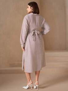 Chikora Plus Size Women Long Sleeve Silky Striped Shirt Dress,White Autumn Office Commute Midi Dress,Smart Casual Elegant Modest Front Opening Fall Outfits - Multicolor - View 2