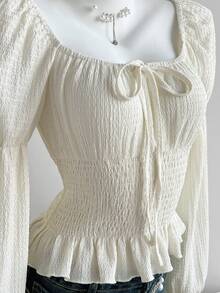 Camiseta de manga larga ajustada de mujer de cuello cuadrado retro francés con mangas abullonadas, nueva en color blanco, para otoño/invierno - Albaricoque - Ver 3