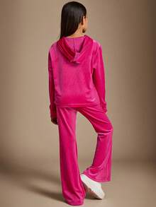 Radiana 2pcs/Set Tween Girls Loose Casual Simple Soft Hoodie Top With Letter Embroidery And Pants Outfit - Hot Pink - View 2