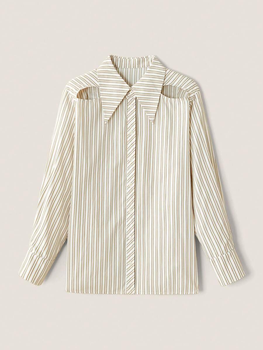 Muvela Áo cánh tay dài rỗng sọc vàng thường ngày/đi làm cho nữ, mặc mùa hè - Màu be - Xem 1