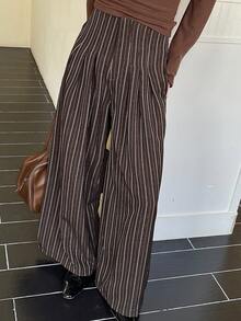 DAZY 女士条纹宽松褶裥休闲通勤阔腿裤 - 棕色 - 查看 3