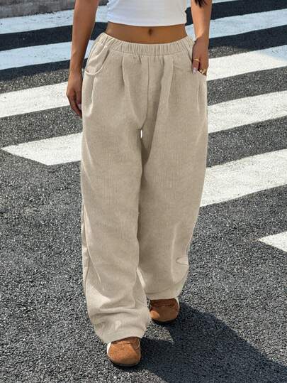 Teens Girls Corduroy Loose Fit Casual Pants, Thick And Versatile For Daily Wear, Apricot Color