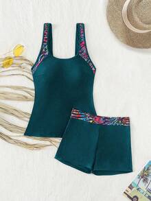 Swim Lushoire Graphic Print Scoop Neck Crop Top And Shorts 2-Piece Tankini Set - Dark Green - View 3