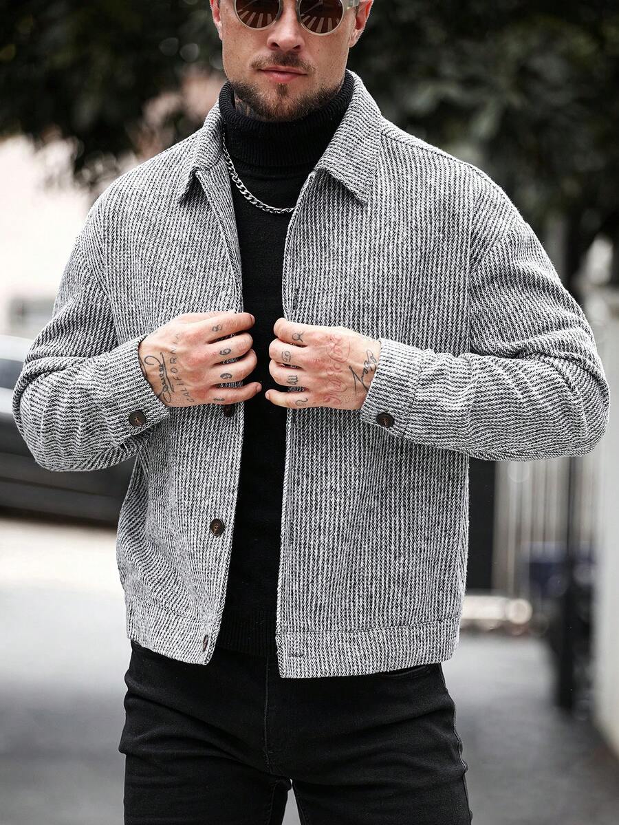 Manfinity CasualCool 男士休闲单排扣长袖大衣，秋冬灰色条纹大衣 - 黑色 - 查看 1