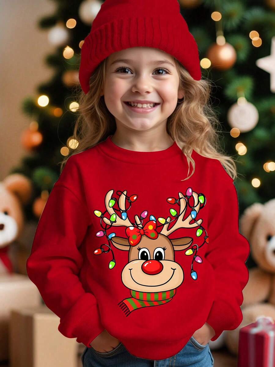 SHEIN Christmas Cute Cartoon Deer String Light Graphic Red Pullover Sweatshirt,Autumn Party Loose Fit Round Neck Warm Comfortable Top For Young Girl - Burgundy - View 1