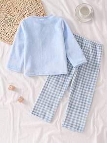 男童格子抓绒长袖上衣和裤子两件套休闲舒适睡衣套装 - 藍色 - 查看 2