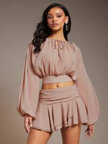 L'Amorae 女士长袖雪纺衬衫，优雅休闲，适合婚礼、情人节、约会之夜等场合 - 棕色 - 查看 4