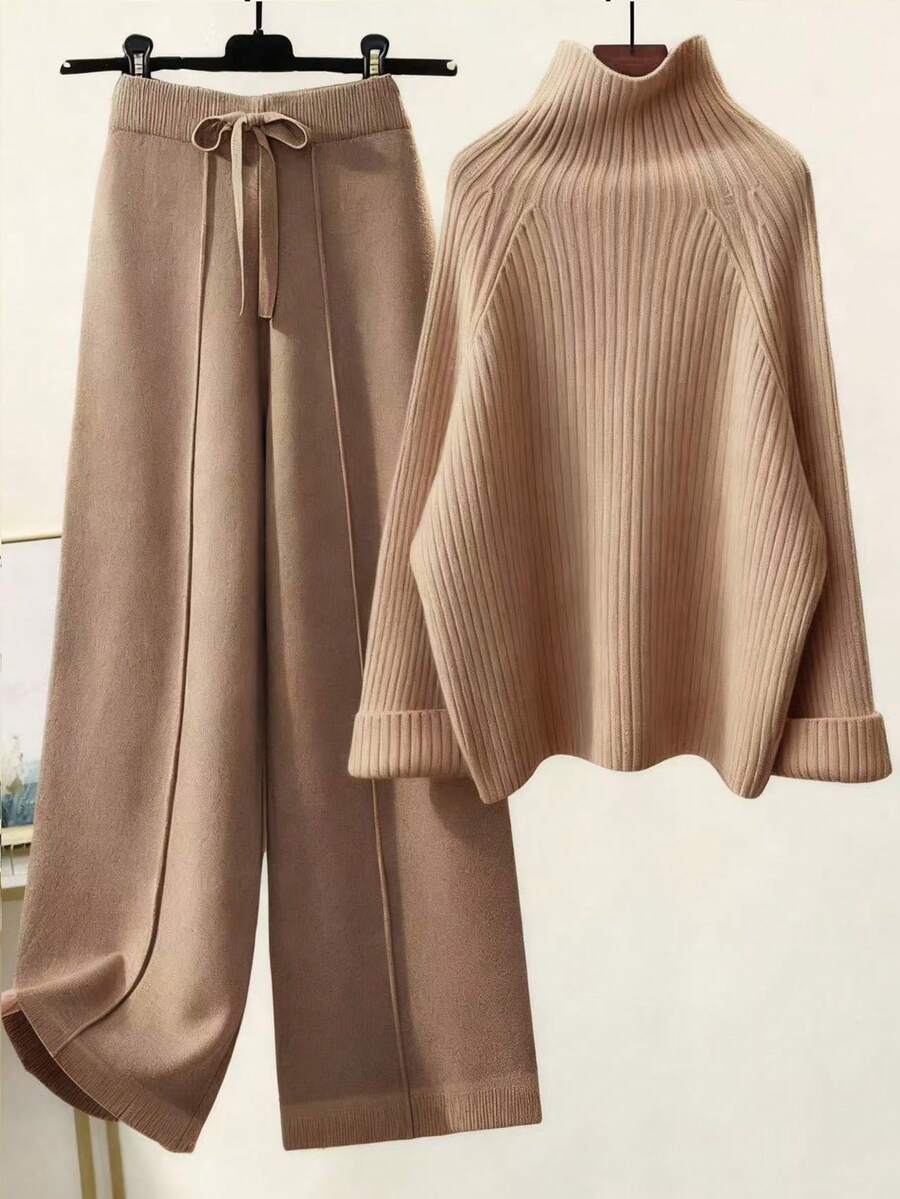 SHEIN Unity 2 件杏色女式针织毛衣套装,罗纹奶油色套头衫和裤子休闲简约装 - 駝色 - 查看 1
