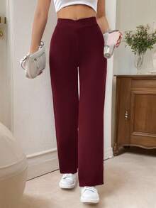 SHEIN Frenchy Pantalon droit ajusté avec torsade à la taille, style décontracté élégant pour femmes - Fushia - Voir 5