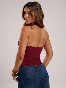 SHEIN BAE 女士纯色深V领褶皱性感时尚吊带上衣 - 酒紅色 - 查看 2