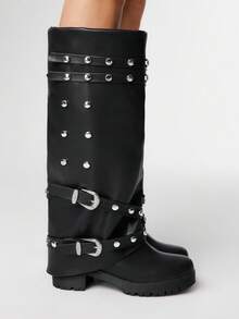 ROMWE 黑色过膝厚底圆头套脚舒适百搭女靴 - 黑色 - 查看 4