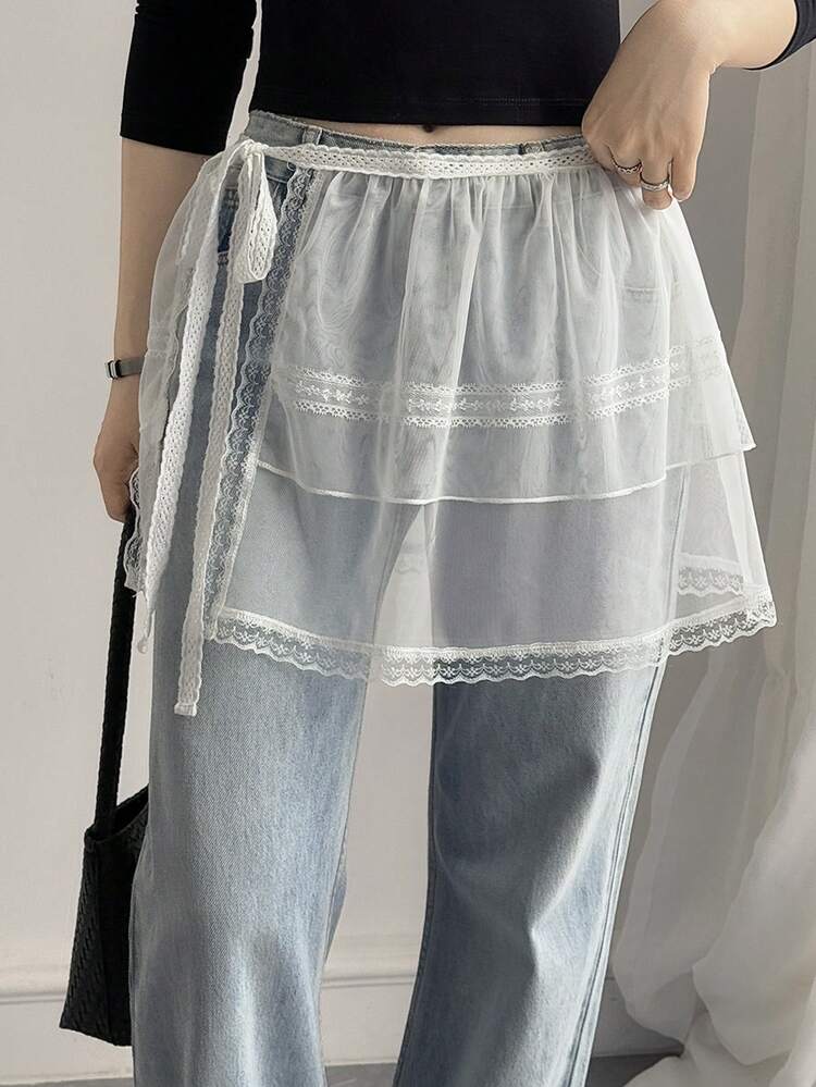 Women's Lace Patchwork Tie-Up Mesh Cake Skirt, Casual Mini Skirt