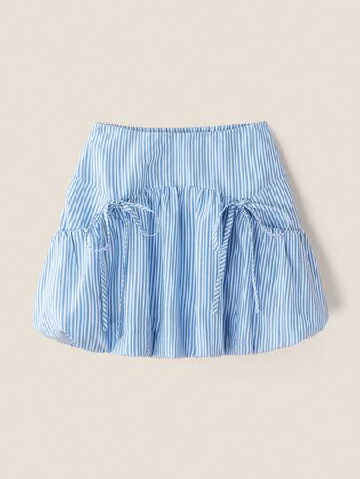 Muvela 女士蓝色条纹口袋蝴蝶结半身裙，简约时尚，适合夏季穿着