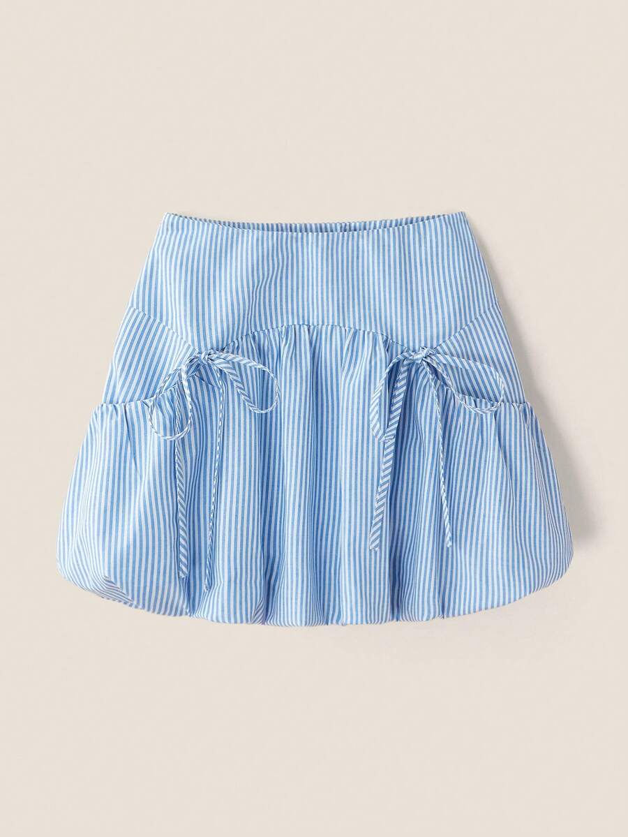 Muvela 女士蓝色条纹口袋蝴蝶结半身裙，简约时尚，适合夏季穿着 - 藍白色 - 查看 1