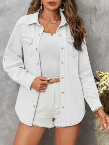 EMERY ROSE 女士休闲牛仔衬衫，街头风 - 白色 - 查看 4