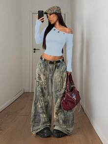 StreetHx Women's Eyelet Decor Fitted Long Sleeve T-Shirt, Early Autumn