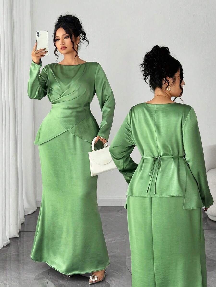 SHEIN Elenzya 大码女式纯色圆领褶皱腰身长袖优雅连衣裙 - 綠色 - 查看 1