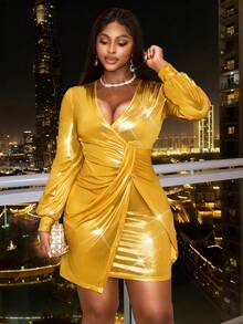 Xyvia Women's Gold Foil V-Neck Ruched Waist Asymmetric Hem Bodycon Dress, Sexy Outfit For Birthday, Date, Party, Gala, Music Festival - Gold - View 1