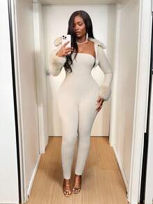 Slaydiva Christmas, New Year And Valentine's Day New Autumn And Winter Casual, Simple And Basic Style, Daily Date, Out On The Street, Popular Streetwear, Y2K Set, Fur Collar POLO Collar, Ultra-Short Cardigan + Slim Strapless Tight Jumpsuit, Apricot Ribbed Ribbed Brushed Set, Women's Two-Piece Set -A Cream Two Piece Set Sexy Body Suit Women Sexy Outfits Y2k 2 Piece Set - Apricot - View 3